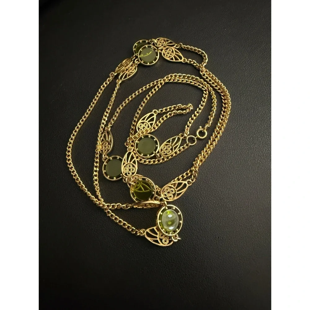 Vintage Necklace Long Opera Green Gold Tone Filigree 52